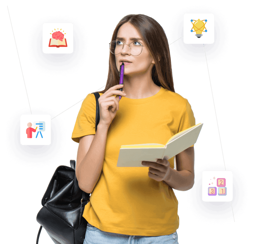 Woman holding a book and thinking